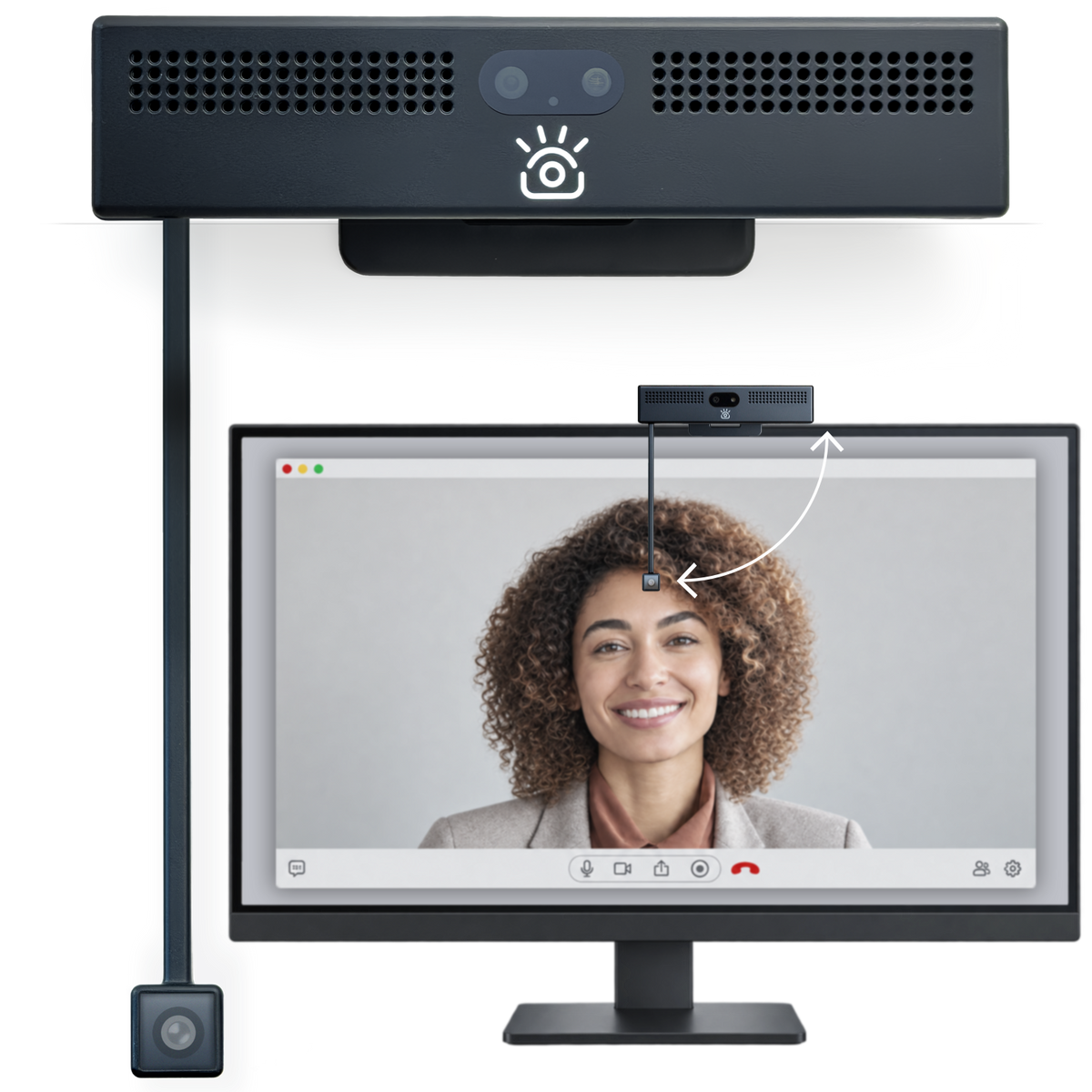 ProHello eye contact webcam with camera on arm at eye level on a desktop monitor