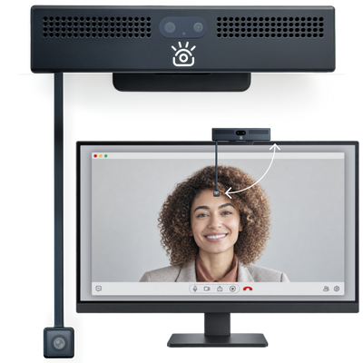 ProHello eye contact webcam with camera on arm at eye level on a desktop monitor