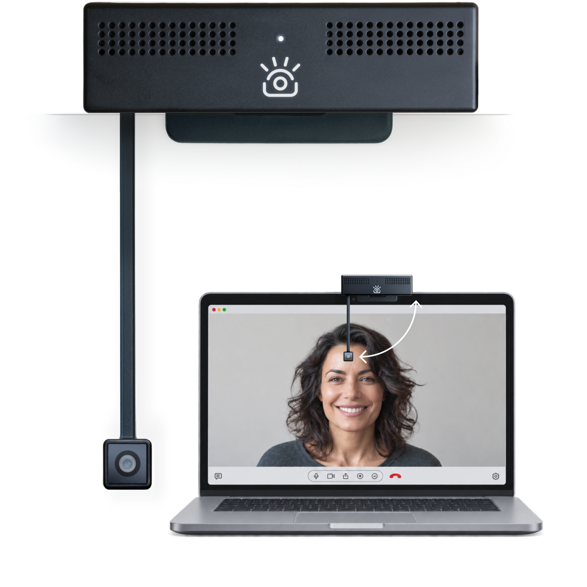 ProMini eye contact webcam with camera on arm at eye level on a laptop