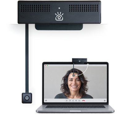 ProMini eye contact webcam with camera on arm at eye level on a laptop
