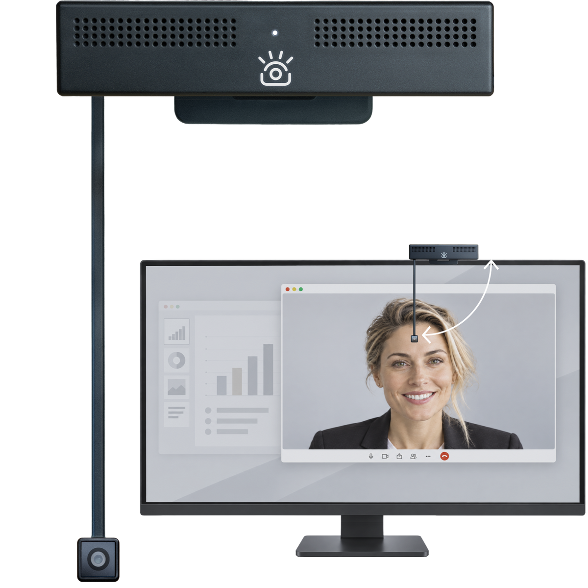 ProXL eye contact webcam with camera on arm at eye level on a large monitor